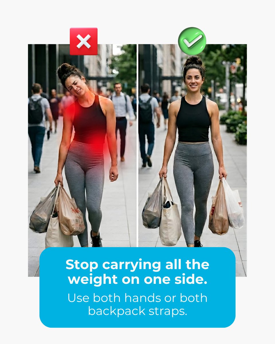 This small habit is wrecking your back…👀

Carrying all the weight on one side = uneven pressure on your spine.

That imbalance builds up over time…
and turns into pain,tightness,and even nerve issues.

Simple fix…balance the load.
Use both hands,use both straps…keep your