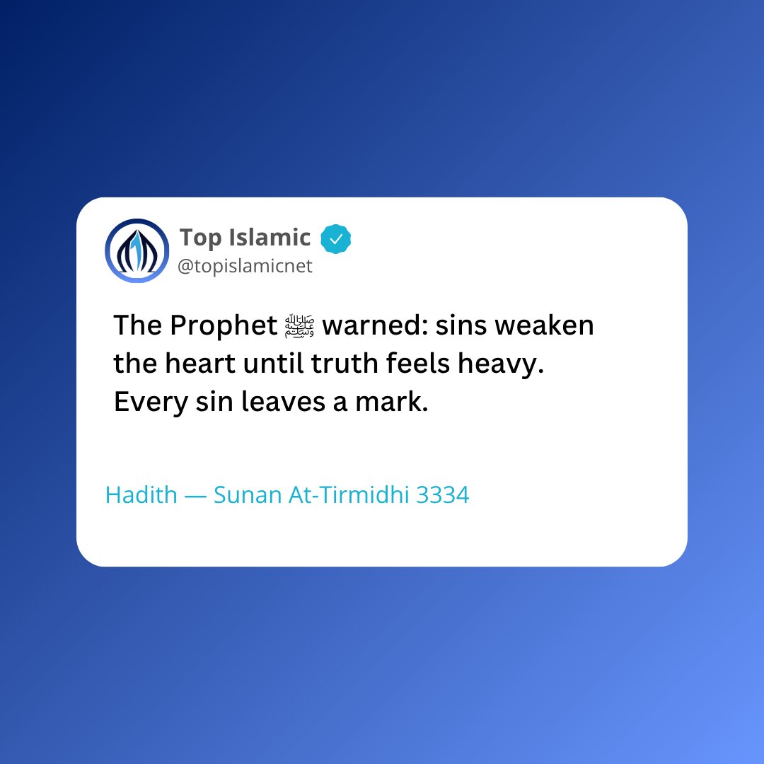 topislamicnet's tweet image. The Prophet ﷺ warned: sins weaken the heart until truth feels heavy.
Every sin leaves a mark.
Hadith — Sunan At-Tirmidhi 3334

#Quran #Hadith #IslamicReminder #Sunnah #Deen #Faith #IslamicQuotes