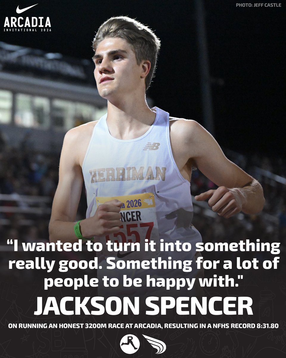DyeStat's tweet image. Kirk Cousins is shouting somewhere, “YOU LIKE THAT!?” 

Always billed as THE premiere 3200m, Jackson Spencer turned Saturday night’s Arcadia race into an all-time classic with his 8:31.80 NFHS record, one that folks will be talking about for a long time. 

🎥 Watch more