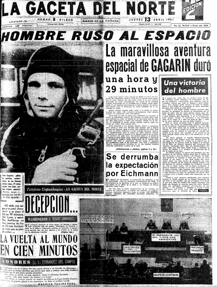 grafismo's tweet photo. 12/04/1961 - "Yuri Gagarin, primer ser humano en viajar al espacio exterior completando una órbita a la Tierra en 100 minutos. Norteamérica no disimula su amargura y decepción ante el éxito ruso."  / La Gaceta del Norte. https://t.co/VweTPuTMTJ