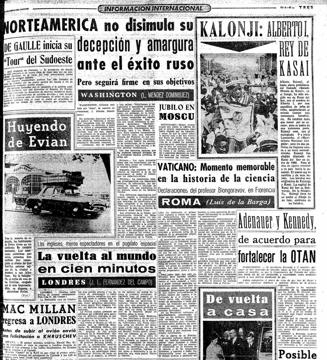 grafismo's tweet photo. 12/04/1961 - "Yuri Gagarin, primer ser humano en viajar al espacio exterior completando una órbita a la Tierra en 100 minutos. Norteamérica no disimula su amargura y decepción ante el éxito ruso."  / La Gaceta del Norte. https://t.co/VweTPuTMTJ