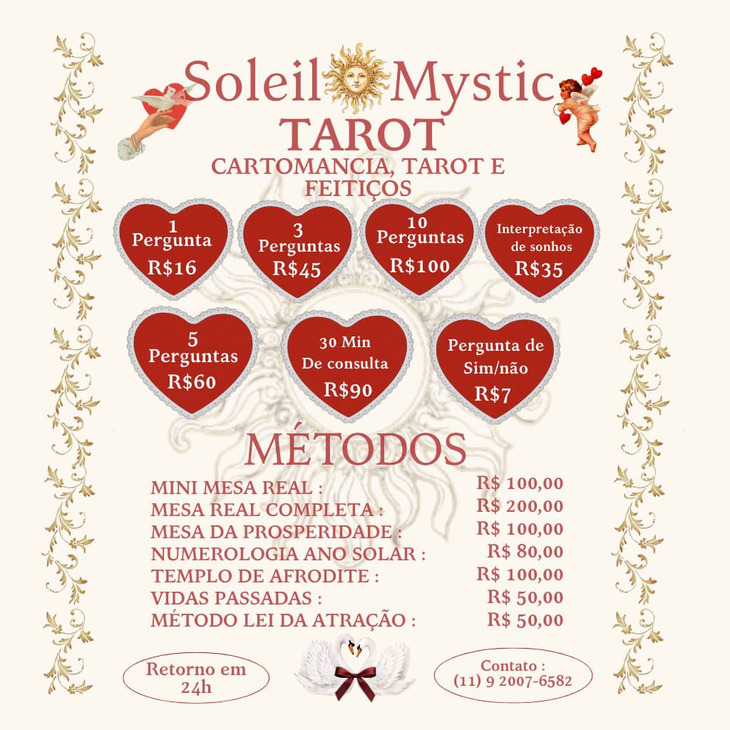 soleil_mystic's tweet photo. sejam muito bem vindas (os) ao soleil mystic! ♥️🍒
me chamo Lore e vai ser um enorme prazer te atender, nessa thread você mais serviços disponíveis no catálogo! 
💌 WhatsApp para agendar: https://t.co/dD4YvL49hO
💌 Card: https://t.co/LKXzFIdjhn 
catálogo by: @QueenOfPetals https://t.co/eSp9yrnkWZ