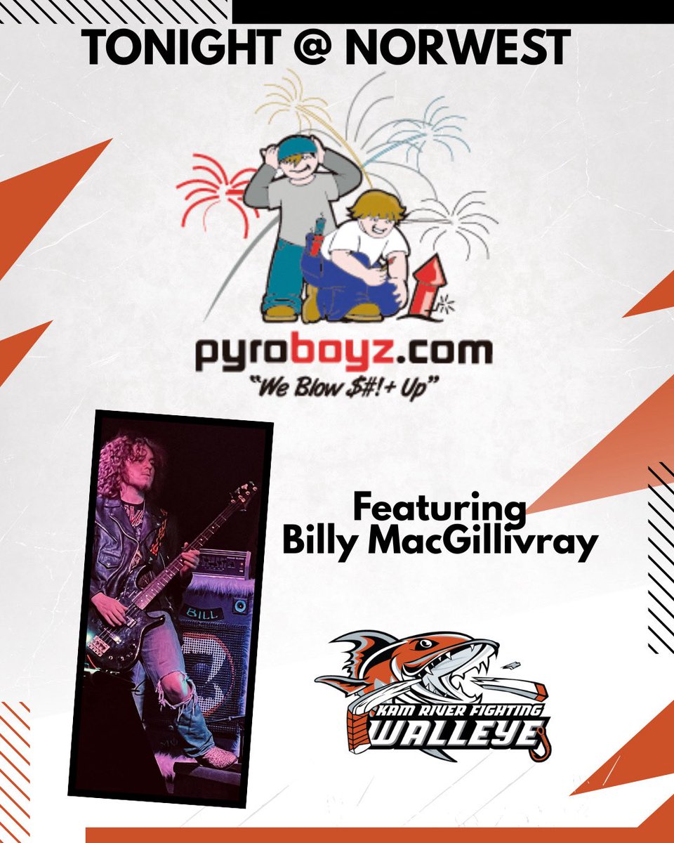 KamRiverWalleye's tweet photo. 💥Walleye VS Lakers Tonight at NorWest!

All playoff pre-games are brought to you by Pyroboyz!

Tonight we have Billy MacGillivray playing the boys onto the ice and rocking the national anthem! 

Tickets available at the door, or here: https://t.co/EYCMEiDTAK

#FearTheFish🐟 https://t.co/16jIZV7pQj