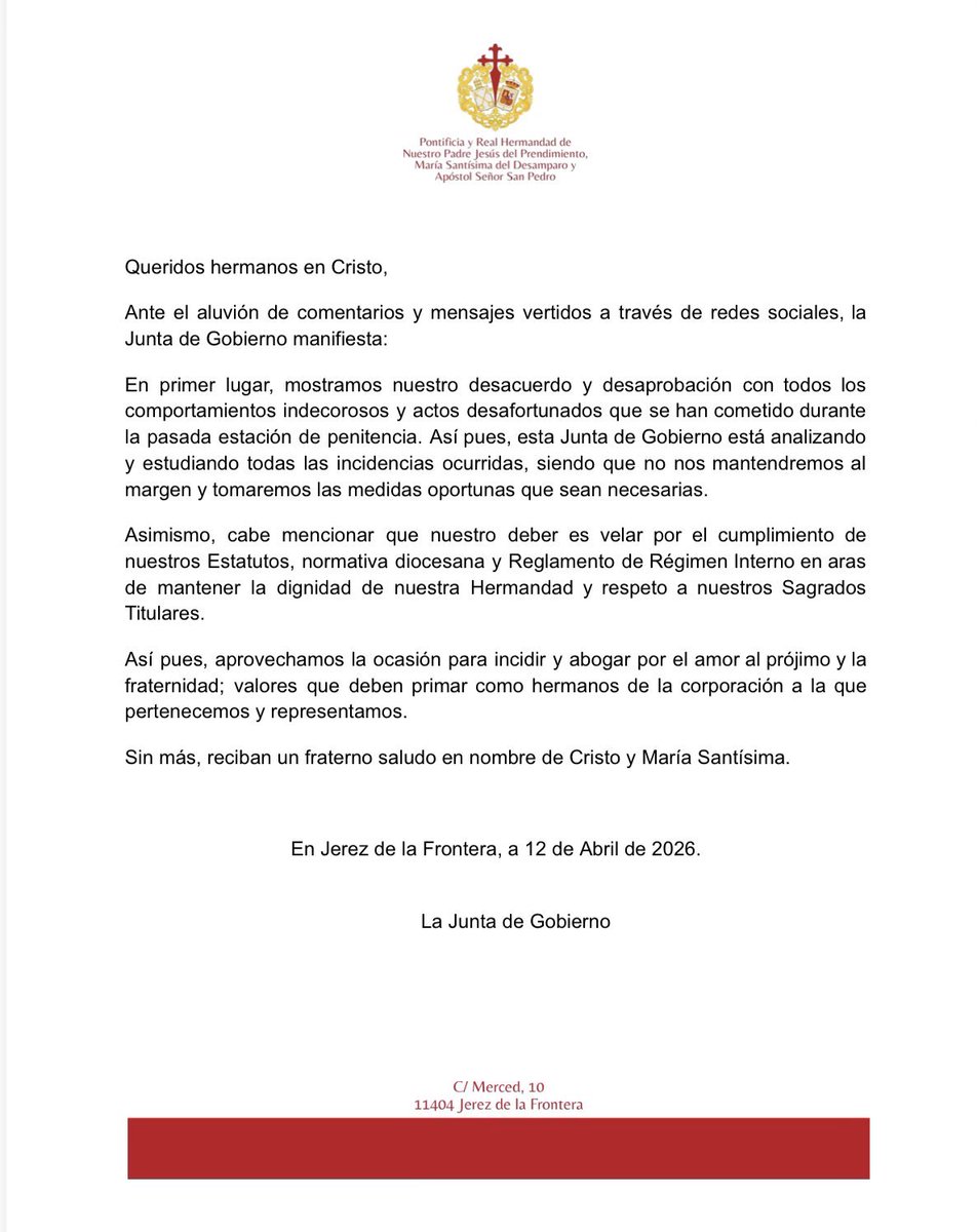 🗞️ Comunicado de la Hermandad del <a href="/PrendimientoJrz/">Hermandad del Prendimiento</a> sobre lo sucedido el pasado Miércoles Santo.
