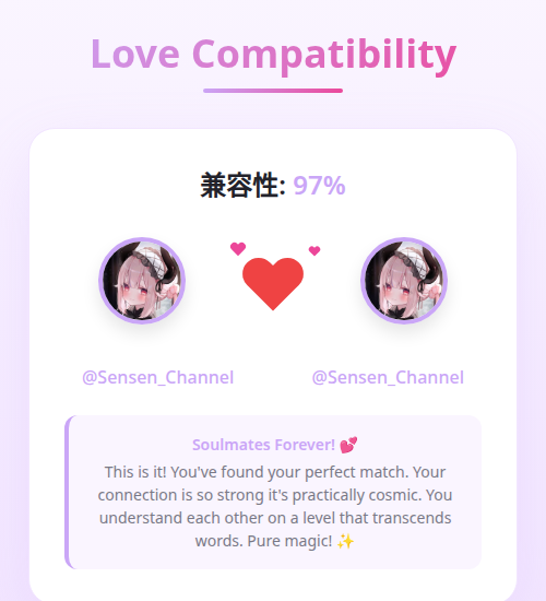 Sensen_Channel's tweet photo. 我与 @Sensen_Channel 的爱兼容性为 97%

➡️ https://t.co/HX1QEcaLZf https://t.co/JorNwzuGyE