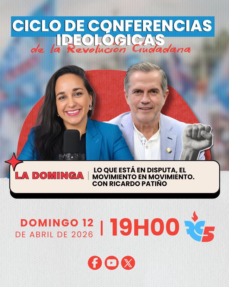 GabrielaEsPais's tweet photo. La disputa por el sentido común está en marcha.
Este domingo conversamos sobre ideas, memoria y el futuro de nuestro movimiento @RC5Oficial junto a Ricardo Patiño.

🗓 Domingo 12 de abril
⏰ 19h00
📡 En vivo por nuestras redes https://t.co/3H8Cz7vYNA