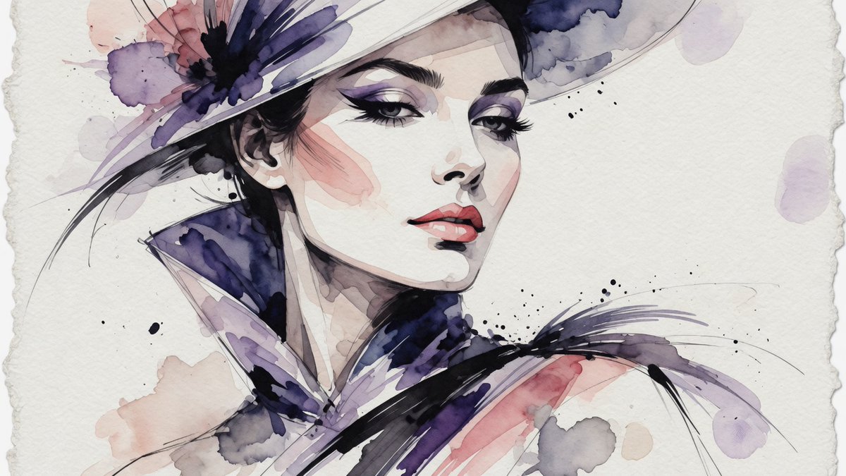 RockGrokAI's tweet image. #Promptshare Stylized elegant face in haute couture watercolor fashion illustration, bold gestural ink lines with selective translucent watercolor washes, minimal color on skin and fabric, visible cold-pressed paper texture, sophisticated negative space.