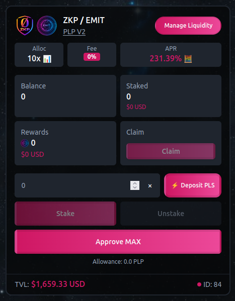 📡 ZKP Farm On EMIT 🛰️

✨ Pair Your ZKP With EMIT And Earn EMIT Rewards

🛰️ ZKP/EMIT ➡️ 231% APR

📡 EMIT
Farms 🔗 emit.farm/farms
Follow 🔗 <a href="/EMITfarm/">EMIT 📡</a>
Community 🔗 t.me/emitfarm

🛡️ ZKP
Website 🔗 zeroknowledgeprinter.com
Follow 🔗 <a href="/ZKPonPulse/">Zero Knowledge Printer</a>
Community 🔗