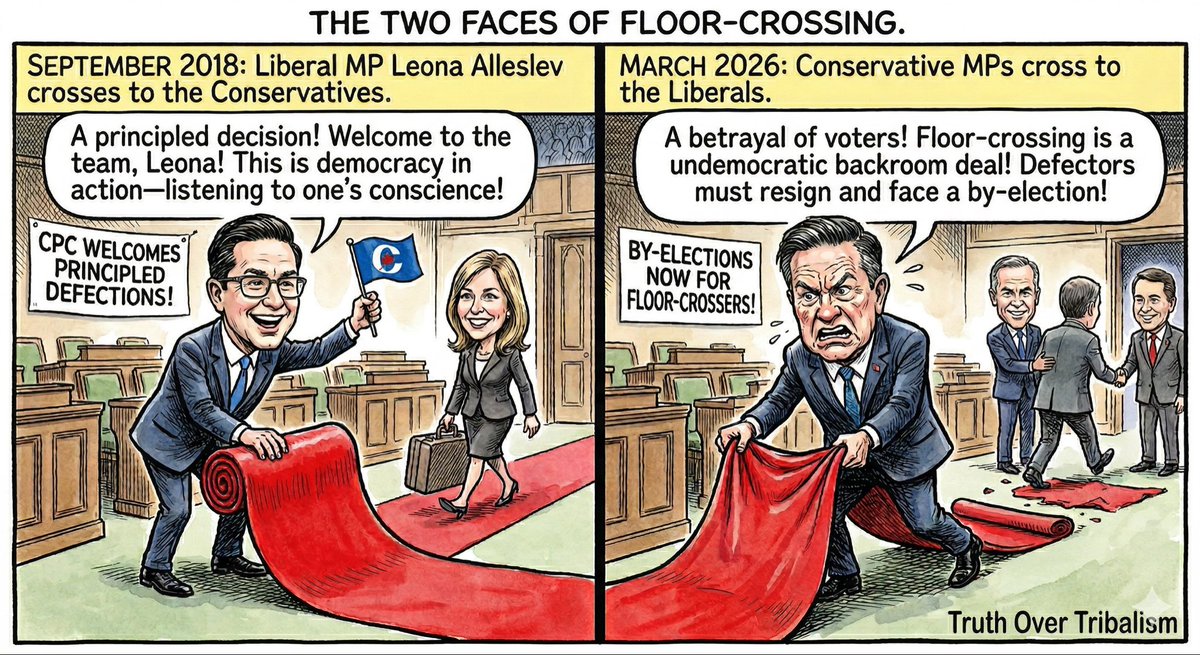 roulinski's tweet photo. @shuvmajumdar @RosieBarton @CBC Conservatives suddenly hate floor crossing? Funny, considering they welcomed defectors with open arms and voted against bills to force by-elections for them. They love the "principled choice" until it’s their own members leaving. Peak hypocrisy. 🗳️🚫 #cdnpoly #politics https://t.co/3mEOfvakV6