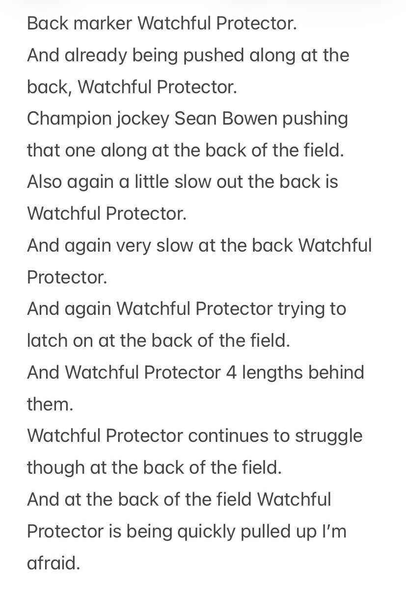 A lot of talk about jocks knowing when to pull up.

Ffos Las 15:50 today. 
Sadly Watchful Protector a fatality breaking down at the 6th. 

From the off to the 6th- the comments in running 👇