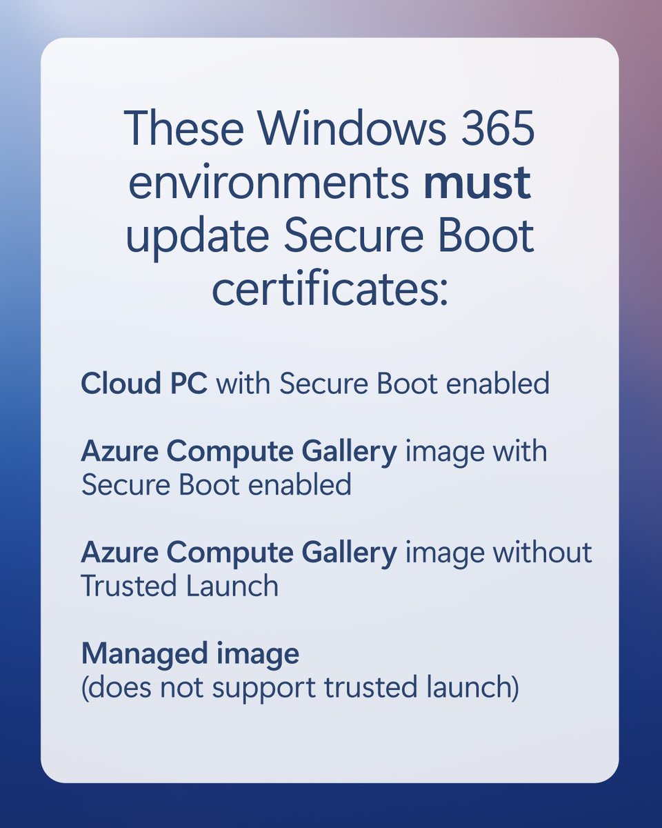 MSWindowsITPro's tweet image. See if you need to take action before Secure Boot certificates start expiring in June 2026.

Learn more: msft.it/6015Qfpkf