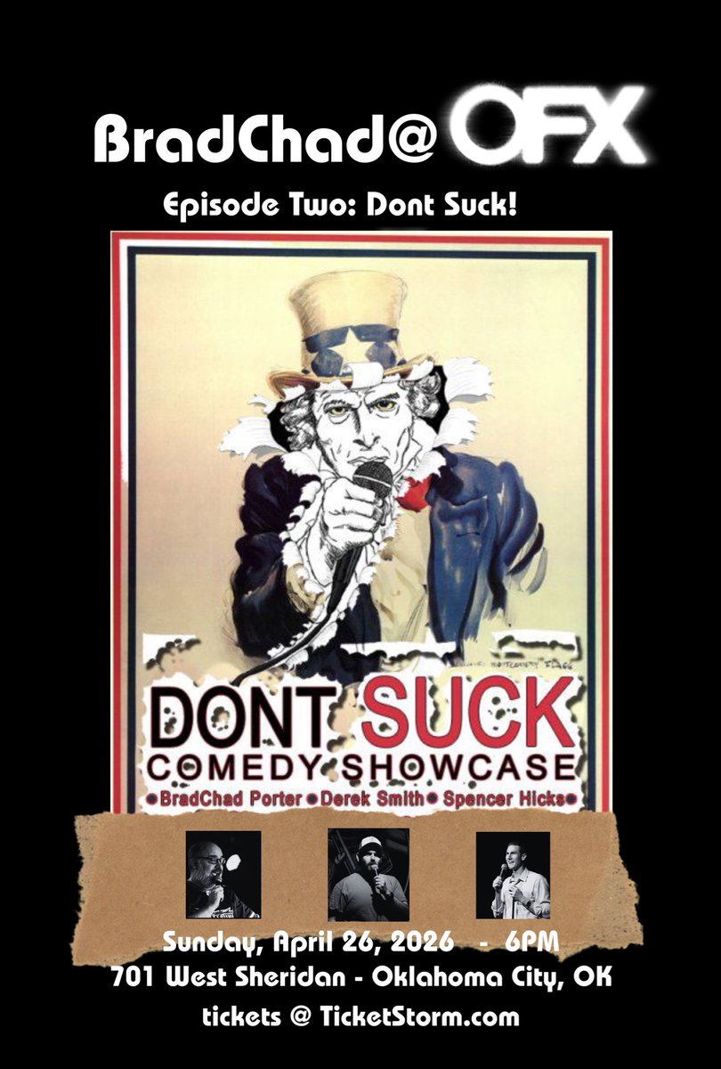 Model9Live's tweet photo. ANNOUNCEMENT! BradChad @ OFX - Episode 2: Dont Suck 

Sunday, April 26th @ 6pm - doors at 5:30pm

BradChad Porter, Spencer Hicks &amp; Derek Smith

Get your “pick your price” tickets now! 

Ticket Link: 

https://t.co/AhFxkGx7oy https://t.co/fcRGEdHmdV