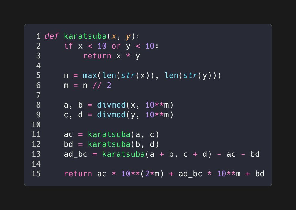 dsemenovsky's tweet photo. When you call `factorial(10000)` in Python, it returns in milliseconds. That's not because Python is fast — it's because Python's bigint silently switches to Karatsuba multiplication once numbers get large enough. You've been using it without knowing.

#algorithms #math #python https://t.co/2BCl6lwSuO