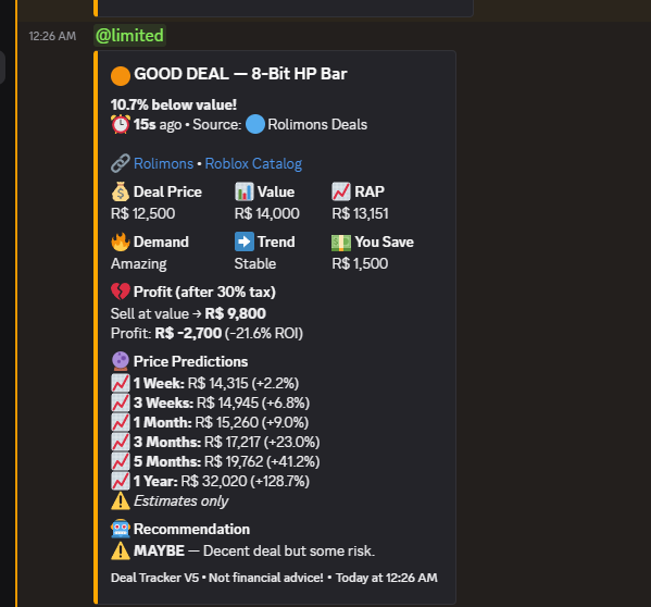 i am really enjoying the bot! In just 2 hours, it found me over 50 deals, and some of them are excellent and easy to snip at times. You can also set alerts for items you want, and it will notify you immediately when they're on sale. #roblox #robloxlimited