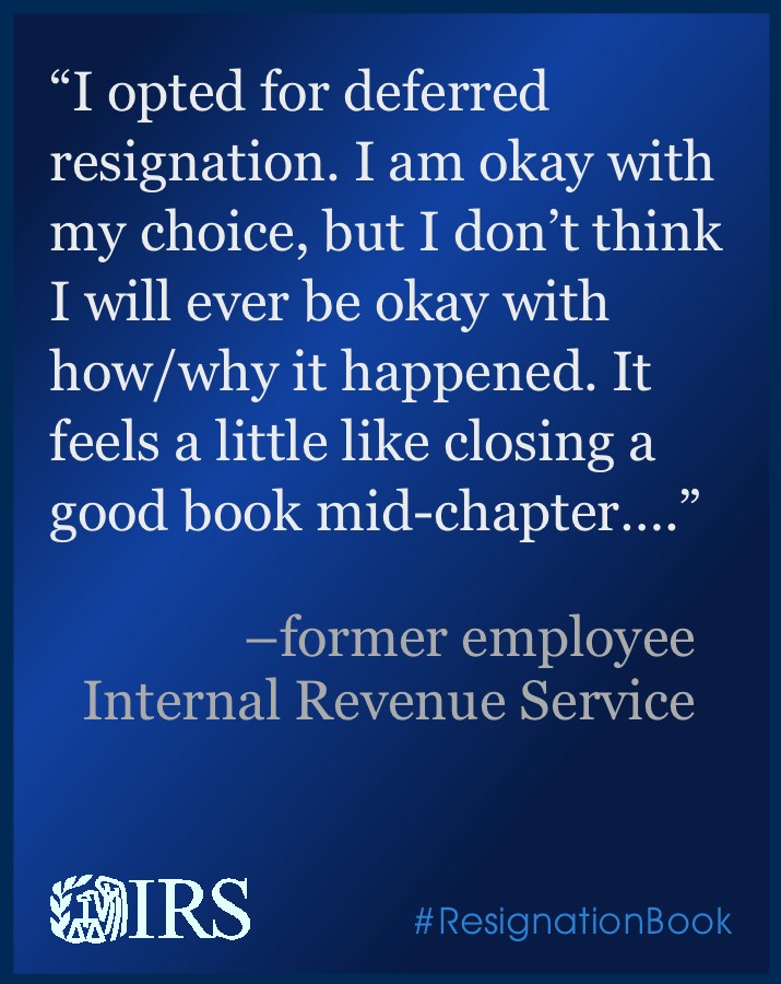 BicycleComics's tweet photo. "I opted for deferred resignation. I am okay with my choice, but I don't think I will ever be okay with how/why it happened. It feels a little like closing a good book mid-chapter."
–IRS employee, resignation letter (excerpt)

#ResignationBook #IRS https://t.co/b32DQmc2La