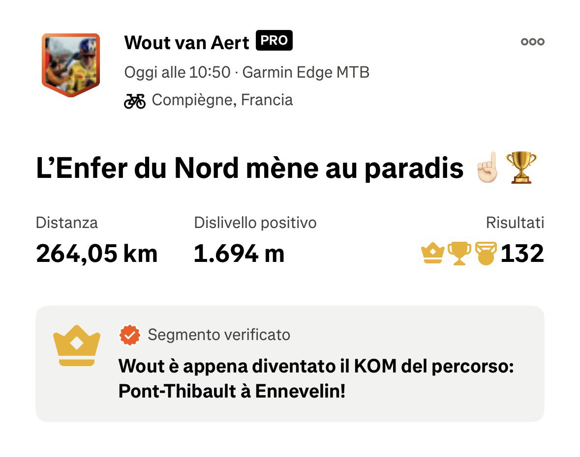 handlecuriosity's tweet photo. Intanto su Strava Wout scrive: «L’Inferno del Nord porta in paradiso». https://t.co/kjHBsbCn47