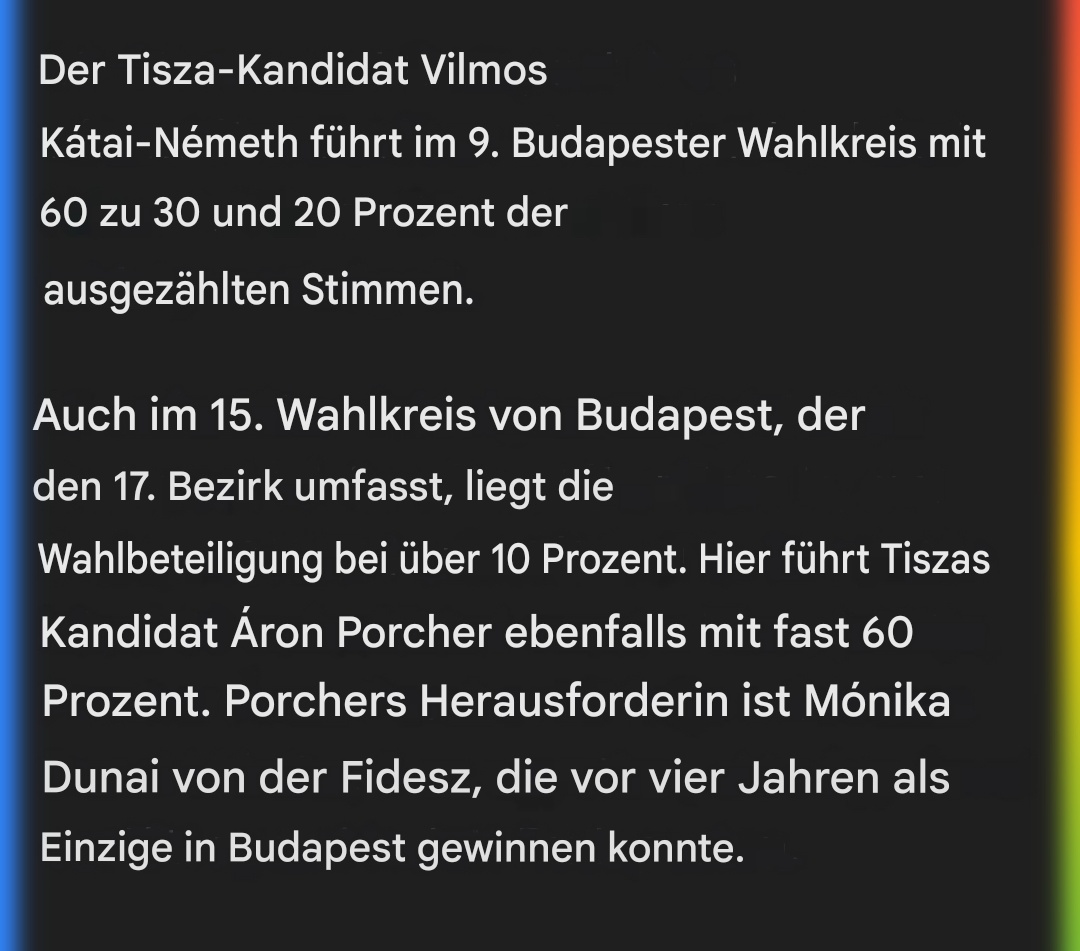 Die Budapest-Bombe 💣

9. Wahlkreis: Der TISZA-Kandidat führt mit 60 %!

​15. Wahlkreis: TISZA führt ebenfalls mit fast 60 %.

​#UngarnWahl2026 ​#HungaryElection2026
​#Választás2026
​#Valasztas2026
​#TISZA
​#Magyar
#Orbán 
​#Fidesz