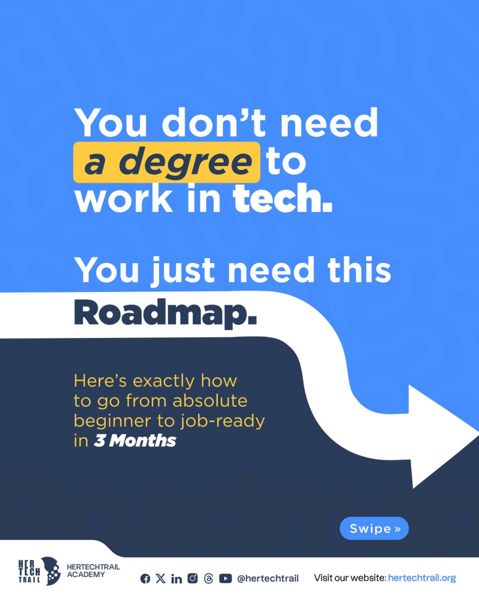 hertechtrail's tweet image. You don’t need a degree to work in tech.

You just need this roadmap.

Here’s exactly how to go from absolute beginner to job-ready in 3 months.

Save this for your career pivot.

#TechCareer #WomenInTech #CareerChange #HerTechTrail