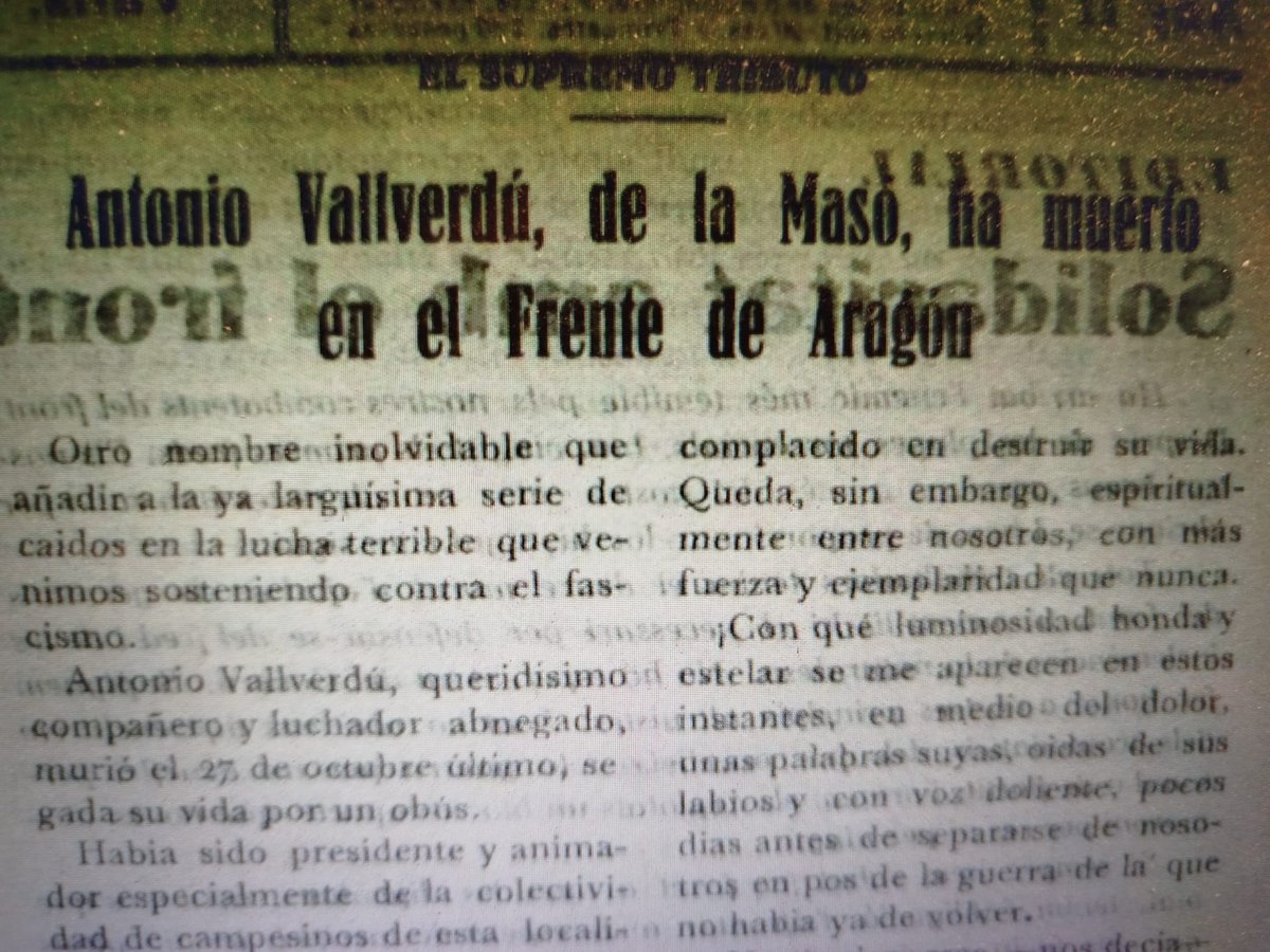 PepMartiVall's tweet photo. Molt emotiu poder recuperar la nota d'Acció Sindical, òrgan de la CNT de Valls, en plena Guerra Civil, que informa de la mort al front d’Aragó d’Anton Vallverdú Pujol, “caigut en la lluita terrible que sostenim contra el feixisme”. Germà de la mare. Jove generós. Memòria familiar https://t.co/MnD6ZDxPgj