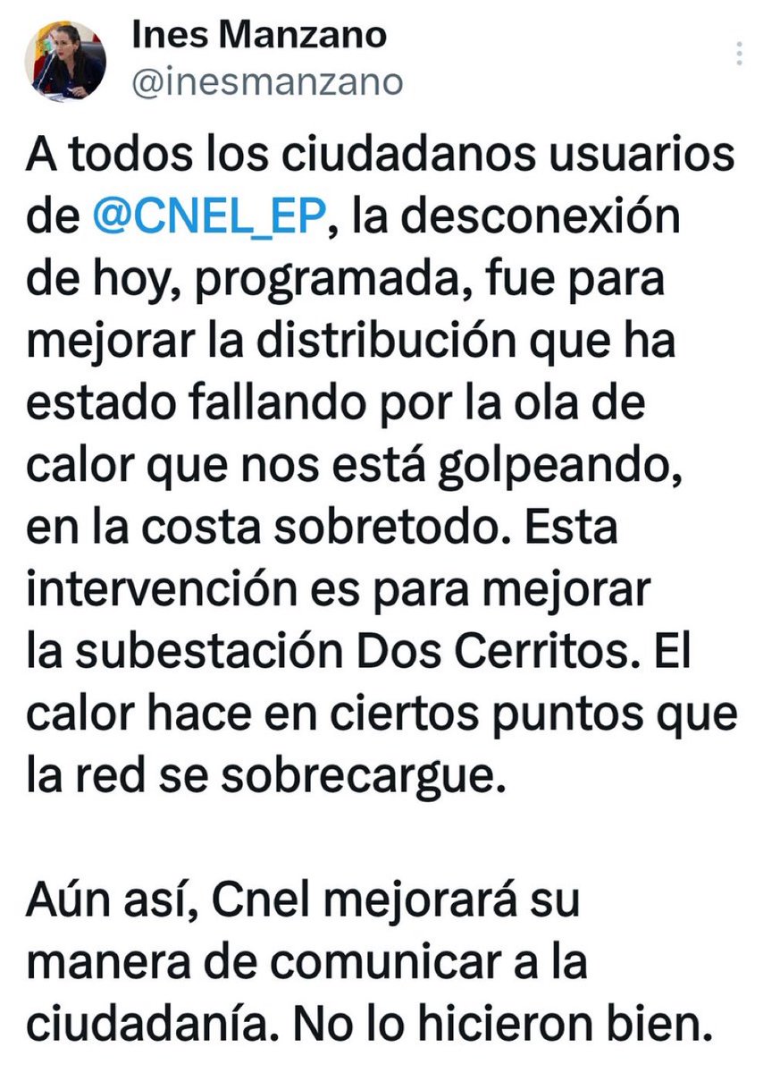 ecuainm_oficial's tweet photo. ‼️#URGENTE
La desconexión de este domingo para usuarios de @CNEL_EP fue programada para "mejorar la distribución" afectada por la ola de calor, particularmente, en región Costa. Así lo aseguró la ministra de Ambiente y Energía, Inés Manzano. https://t.co/eiJu0Dqpvb