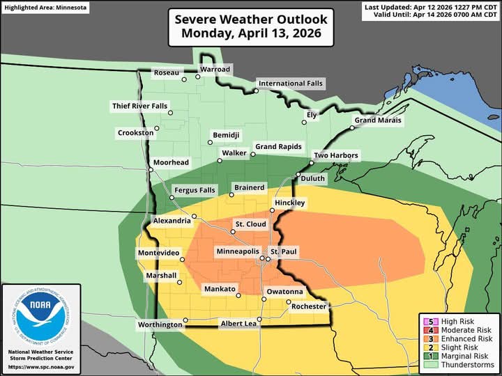 Renegade528's tweet image. Be Weather Aware tomorrow! The Twin Cities has been upgraded to an enhanced risk for severe storms! #Minneapolis #MNwx

Tornadoes will be possible, along with very large hail and damaging winds.