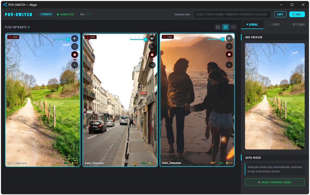 Tatsunao's tweet image. J'ai bidouillé un logiciel pour les streamers. #POVSWITCH dispo sur tatsunao.com 
C'est un systeme de régie vidéo live Streamer / Smartphone. Le streamer donne un lien généré aux cadreurs sur smartphone. BIM, ils sont en live. Fonctionne en wifi/4G/5G! #twitch #tools