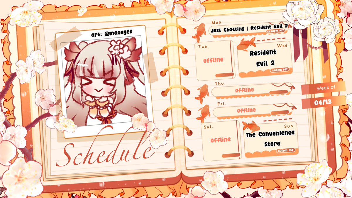 ManamiTheKoi's tweet photo. A new stream schedule made by @memind_06! I'm very happy with how this turned out, tysm 🧡 https://t.co/zaL1AMU25I