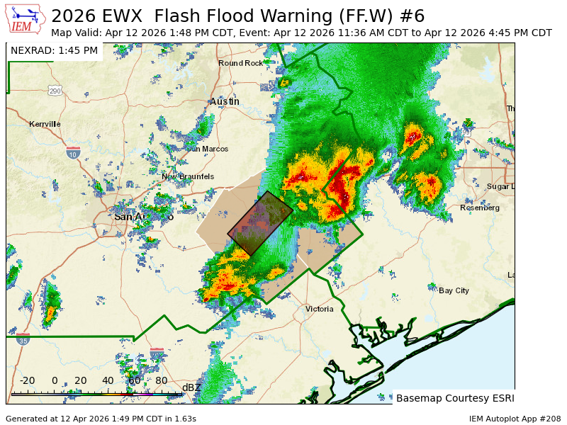 EWX extends time of Flash Flood Warning [flash flood: radar and gauge indicated, flash flood damage threat: considerable] for DeWitt, Gonzales, Lavaca [TX] till Apr 12, 4:45 PM CDT mesonet.agron.iastate.edu/vtec/f/2026-O-…