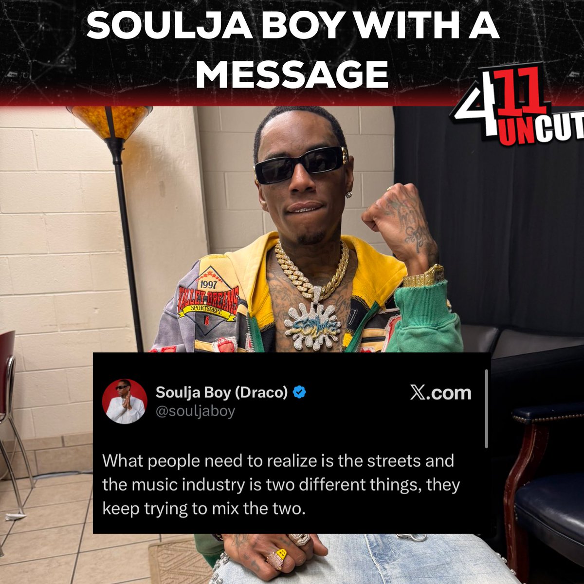 411Uncut_'s tweet image. Gang, #SouljaBoy says people keep trying to mix the streets with the music industry. Thoughts? 

#411Uncut #411WithNellaD