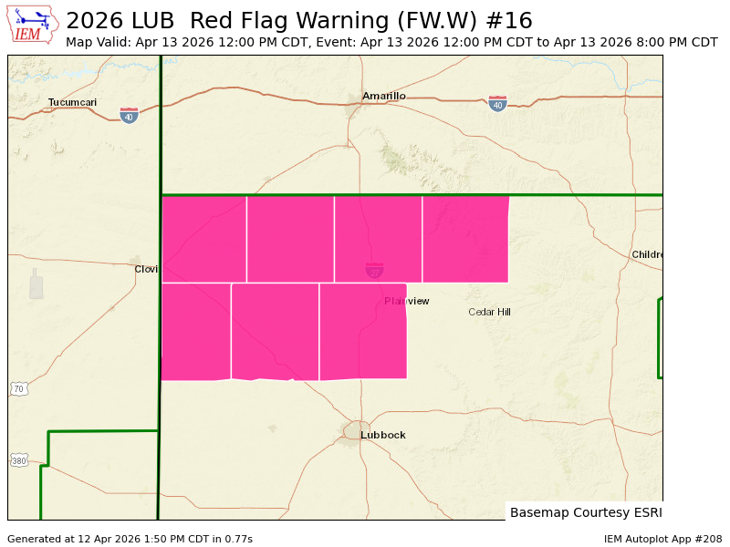 LUB issues Red Flag Warning valid at Apr 13, 12:00 PM CDT for Bailey, Briscoe, Castro, Hale, Lamb, Parmer, Swisher [TX] till Apr 13, 8:00 PM CDT mesonet.agron.iastate.edu/vtec/f/2026-O-…