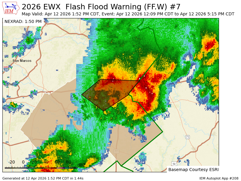 EWX extends time of Flash Flood Warning [flash flood: radar and gauge indicated, flash flood damage threat: considerable] for Fayette, Gonzales, Lavaca [TX] till Apr 12, 5:15 PM CDT mesonet.agron.iastate.edu/vtec/f/2026-O-…