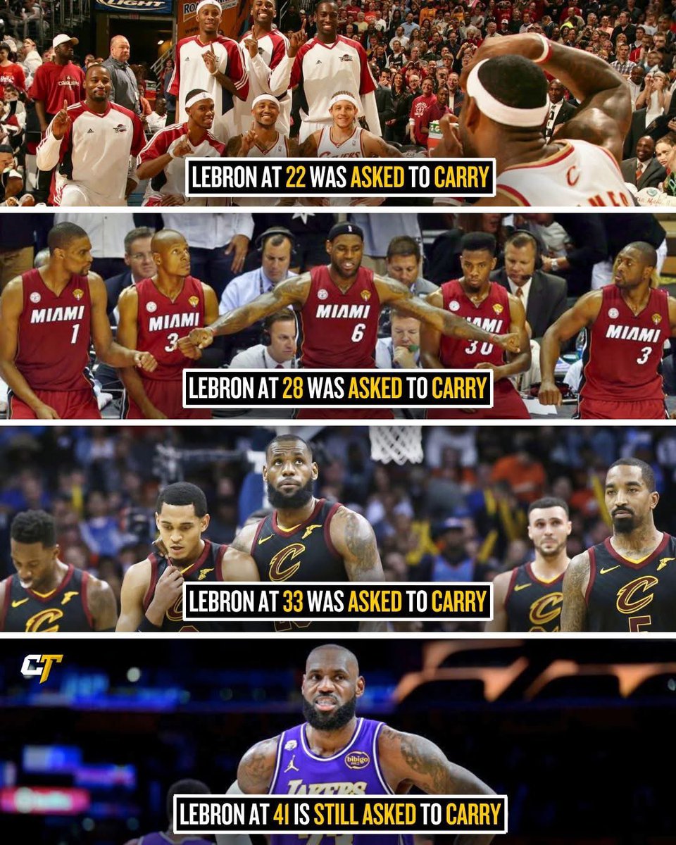 • LeBron at 22 was asked to carry.
• LeBron at 28 was asked to carry.
• LeBron at 33 was asked to carry.
• LeBron at 41 is STILL asked to carry.

That’s not normal—that’s generational pressure sustained for two decades. From dragging the Cleveland Cavaliers to the 2007 NBA