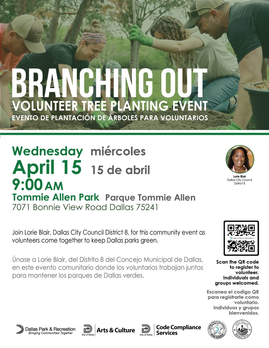 DallasParkRec's tweet image. 🌳 Branch into spring with #BranchingOut!
Help #DallasParks reforest our communities one park at a time! 

bit.ly/3NXYxvY

🌳 ¡Da la bienvenida a la primavera con #BranchingOut!
¡Ayuda a #DallasParks a reforestar nuestras comunidades, parque por parque!
