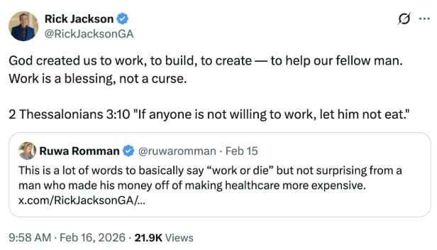 American_Bridge's tweet image. As Trump’s tariffs drive up grocery costs for Georgians, billionaire Rick Jackson says “if anyone is not willing to work, let him not eat.” #GA Gov #GApolitics