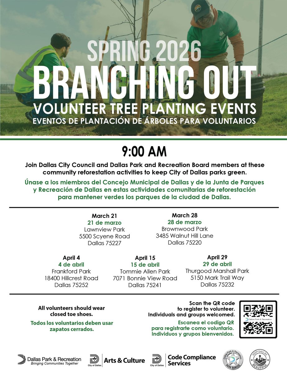 DallasParkRec's tweet image. 🌳 Branch into spring with #BranchingOut!
Help #DallasParks reforest our communities one park at a time! 

bit.ly/3NXYxvY

🌳 ¡Da la bienvenida a la primavera con #BranchingOut!
¡Ayuda a #DallasParks a reforestar nuestras comunidades, parque por parque!