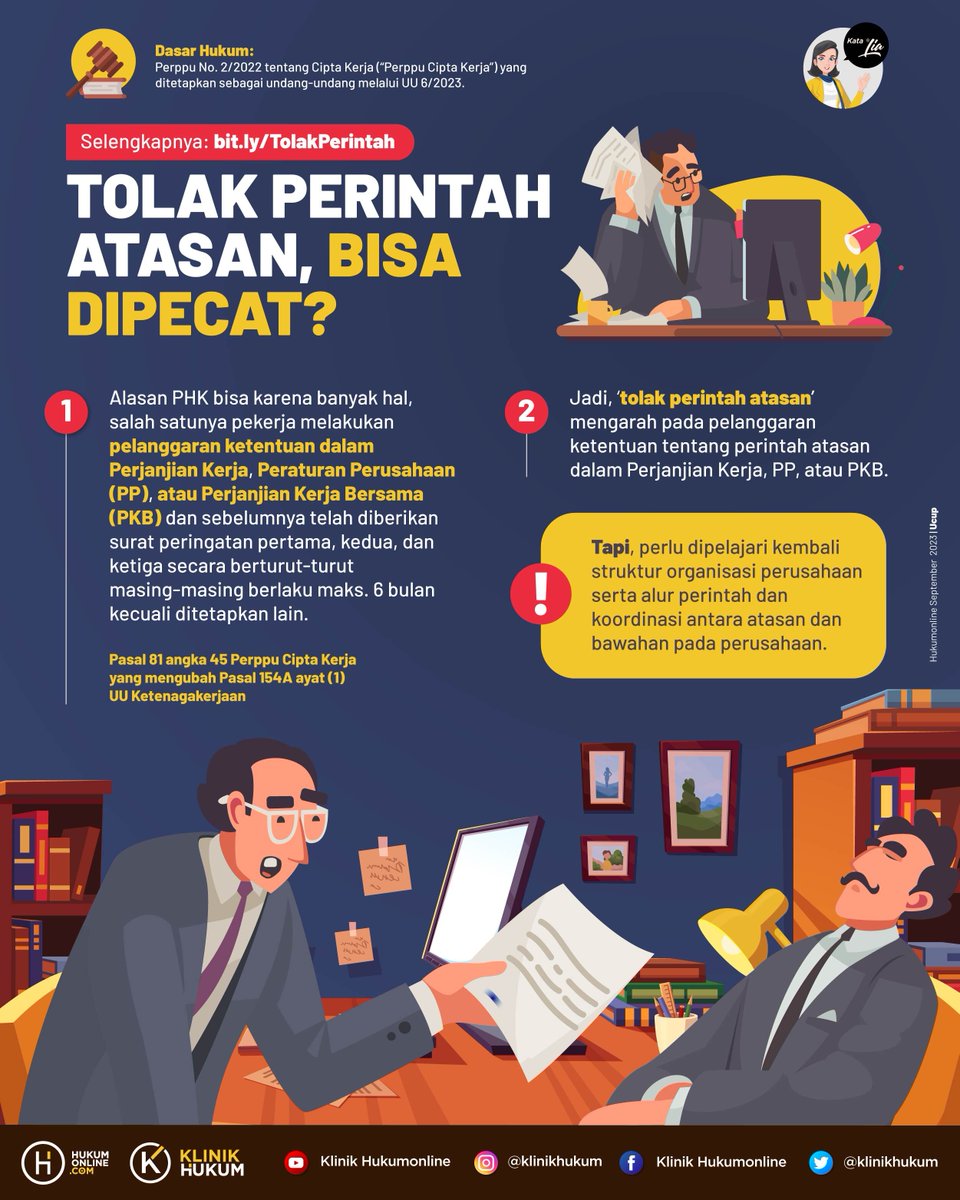 klinikhukum's tweet photo. Dapat perintah perintah dari atasan, tapi males buat dikerjain, bisakah dipecat? Yuk cari tahu jawabannya pada infografis berikut!

Selengkapnya: https://t.co/Dkp4QR9ApF

#klinikhukum #hukumonline #melekhukum #infografishukum #pecat https://t.co/7DLsXuDPTm