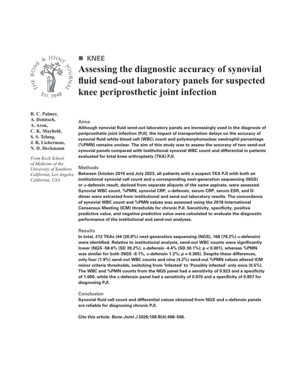 BoneJointJ's tweet image. The accurate diagnosis of PJI is essential, given that treatment often involves complex, multistage procedures with extensive resections, substantially impacting quality of life and mortality.

#PJI #Infection #Ortho #Orthopedics @heckmannortho

ow.ly/w6IT50YGpE9