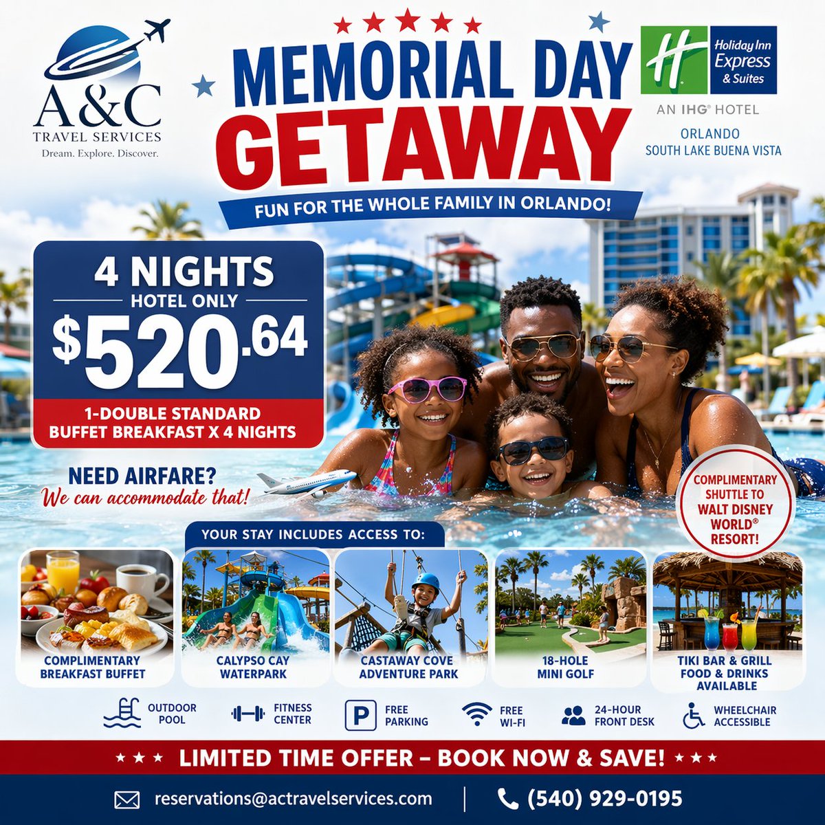 ACTRAVELSERVICE's tweet image. Memorial Day Getaway!
Orlando 4 Nights ONLY $520.64 😱

🏨 Holiday Inn Express &amp;amp; Suites Orlando South Lake Buena Vista
🍳 Free Breakfast + Waterpark + Shuttle

✈️ Airfare available!
📧 reservations@actravelservices.com
📱 540-929-0195
#MemorialDay #Orlando
wix.to/MPX6VbX