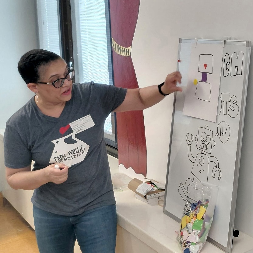 InkWellKids's tweet photo. The Ink Well Kids crew was at Bellevue Hospital for March of the Robots! Using sticky shapes, reflective paper, googly eyes, and heaps of imagination, the kids designed their very own rad robot characters. One boy announced, "I made a Medical Robot that helps people!" 🤖 https://t.co/tF4aJMnVln
