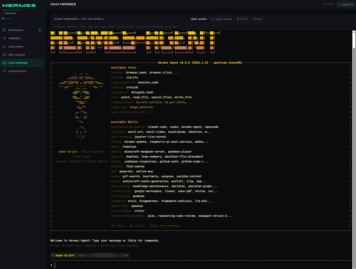 carinimrc's tweet image. Built a full control center for my local #AI #agent running on #Raspberry Pi5 🖥️

#HERMES @NousResearch Dashboard 
Single HTML file, no install on PC:
→ Real-time metrics (CPU, RAM, NVMe, temp)
→ Live log stream via WebSocket
→ Full PTY terminal in the browser (cd works, TUI