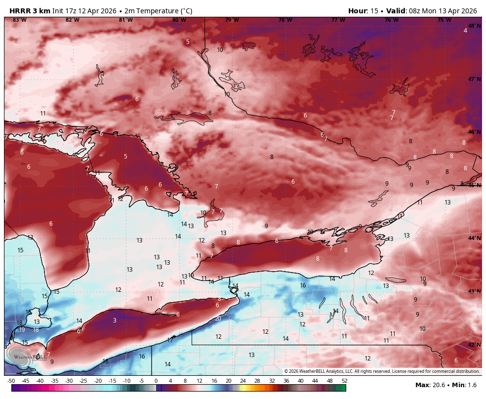 WxOntario1's tweet image. Very warm night ahead across Southern #Ontario

Widespread temps in the low teens/ near 10C as the warm front pushes through, ushering in warm air

*Note: Average low this time of year is around 0C*

We'll see lows in the double digits most of next week

#OnWX #ONStorm