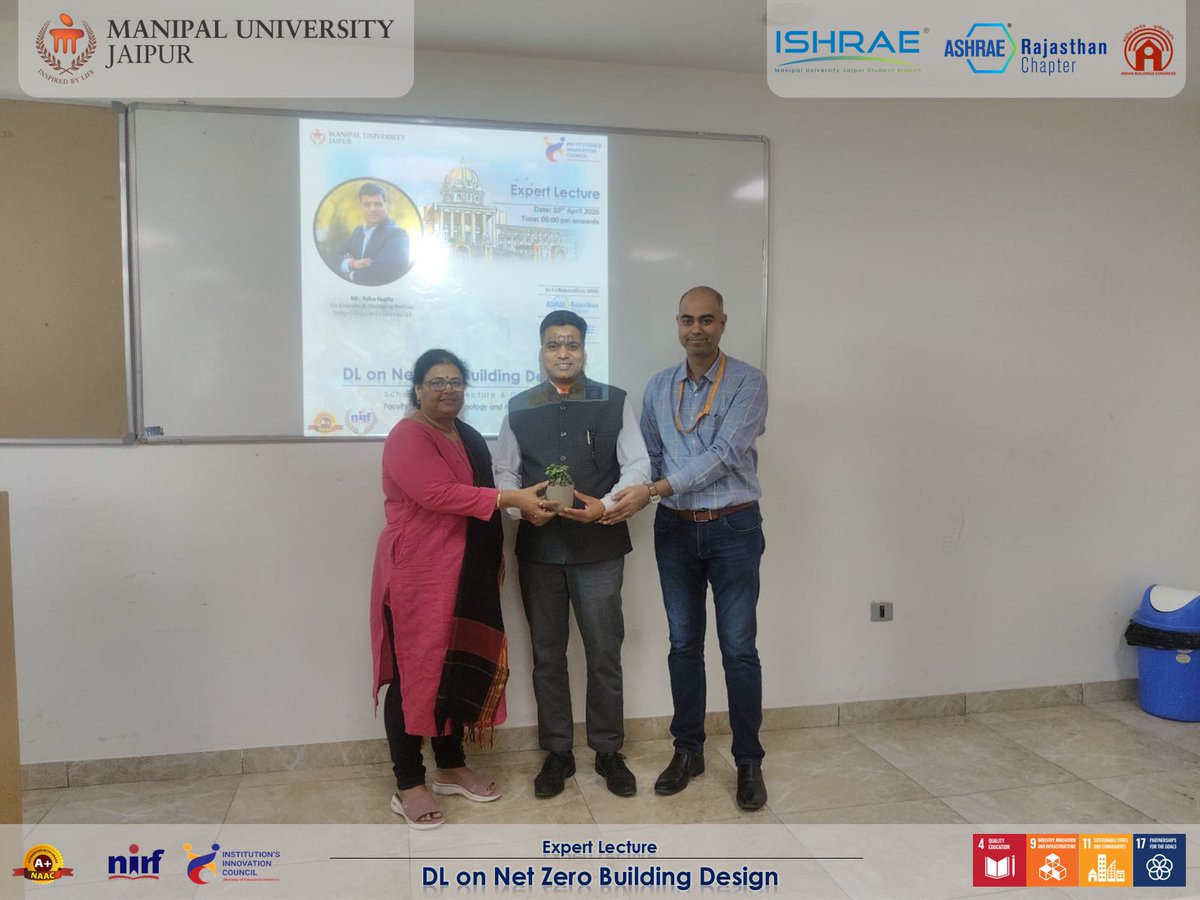 MUJ_Arch's tweet photo. Successfully hosted an Expert Lecture on Net Zero Building Design 🌱
Grateful to Mr. Ashu Gupta for sharing valuable industry insights.
Thanks to ASHRAE &amp; ISHRAE for the collaboration.
#NetZero #MUJ #SustainableDesign https://t.co/Yn3l7pkwpc