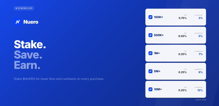 useNuero's tweet photo. Shop on Amazon & Shopify through Nuero. Pay with USDC. Get cashback on every order.

2% base on all orders. Hold $NUERO to unlock higher tiers:

100K $NUERO → 3%
500K $NUERO → 5%
1M $NUERO → 7%
5M $NUERO → 9%
10M $NUERO → 12%

1B+ products. Get cashback in your wallet within 24 hours.