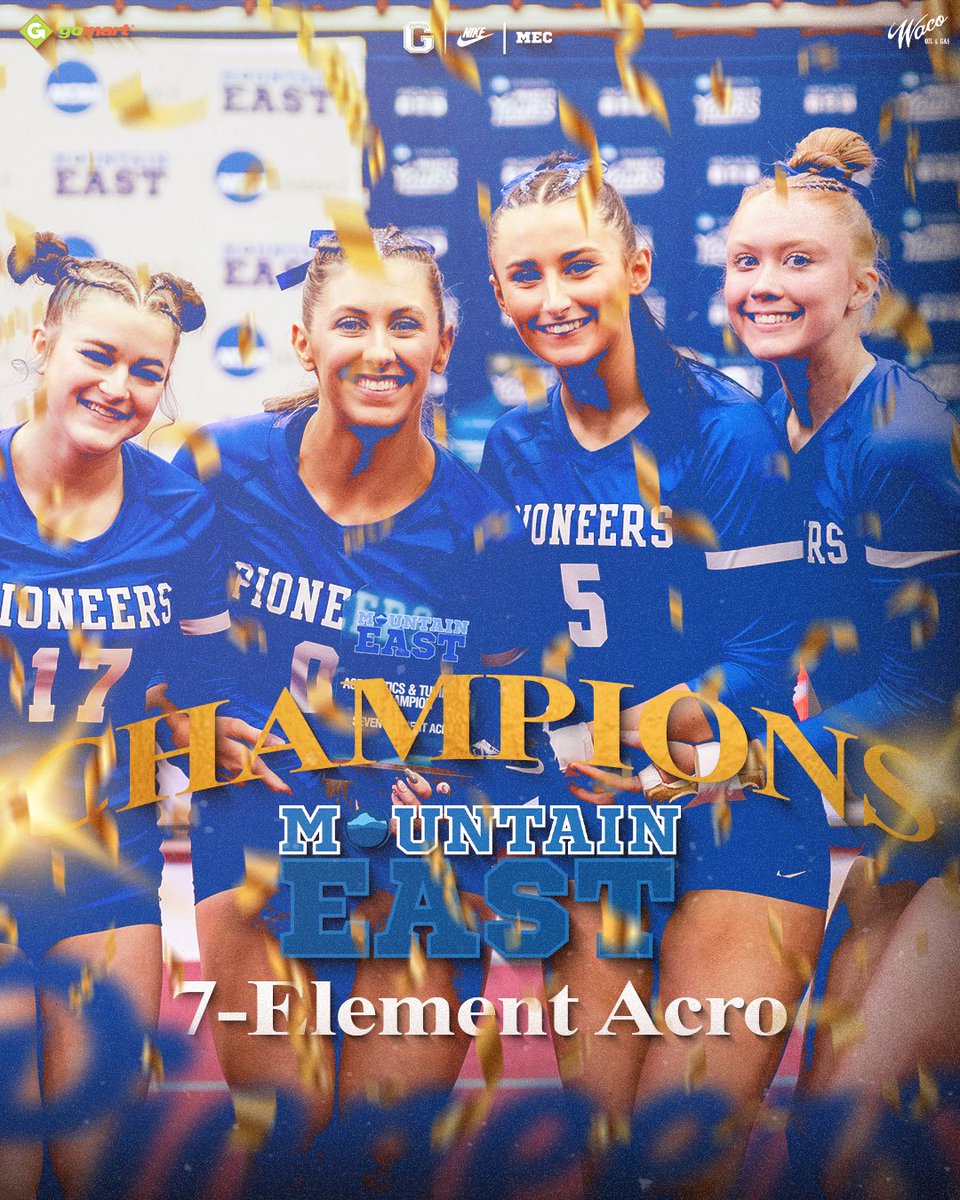 GSUAcroTumbling's tweet photo. 𝐌𝐄𝐂 𝐄𝐕𝐄𝐍𝐓 𝐂𝐇𝐀𝐌𝐏𝐒!🏆

The Pioneers have captured 5️⃣ @TheMountainEast Event Championships!

• 5-Element Acro
• 7-Element Acro
• 450 Salto
• Duo Tumbling
• Open Tumbling

#GoPioneers https://t.co/ytHnGOhMnf