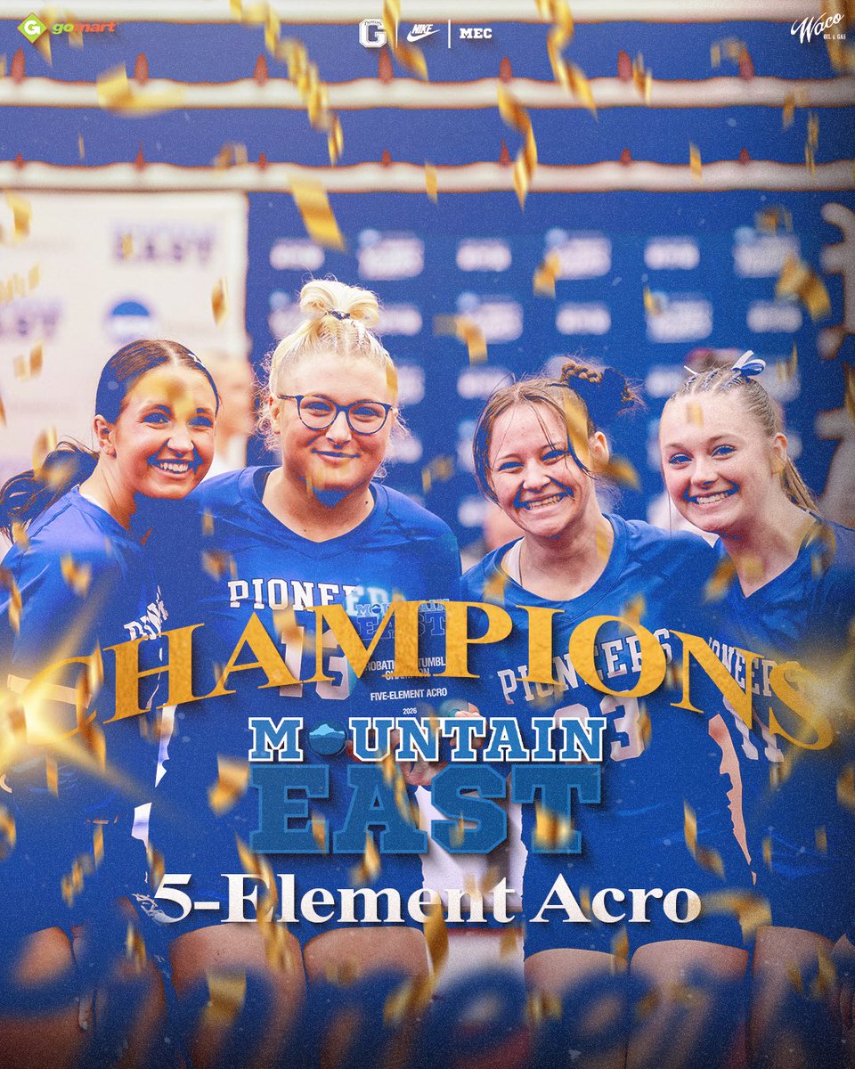 GSUAcroTumbling's tweet photo. 𝐌𝐄𝐂 𝐄𝐕𝐄𝐍𝐓 𝐂𝐇𝐀𝐌𝐏𝐒!🏆

The Pioneers have captured 5️⃣ @TheMountainEast Event Championships!

• 5-Element Acro
• 7-Element Acro
• 450 Salto
• Duo Tumbling
• Open Tumbling

#GoPioneers https://t.co/ytHnGOhMnf