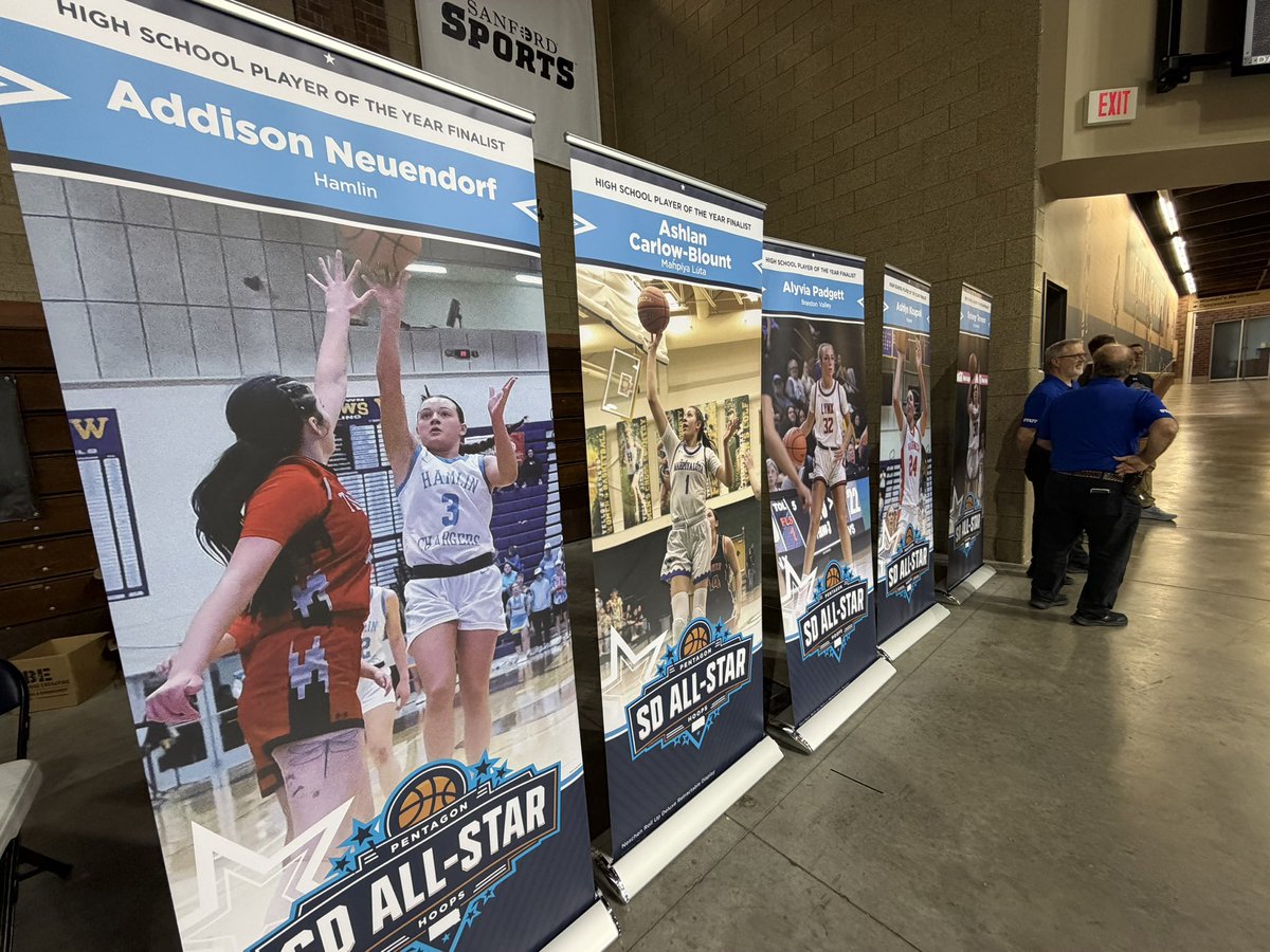 IceBorg's tweet photo. Time to go LIVE on @midwestsportstv with the South Dakota High School Basketball All-Star Games from the Sanford Pentagon (@sanford_complex )!

First up the Girls All-Star Game.  Liv Padgett, Sydney Terveen &amp; Sadie Mehrman opened things by singing the anthem

#SDPreps https://t.co/cBvlLMPYvV