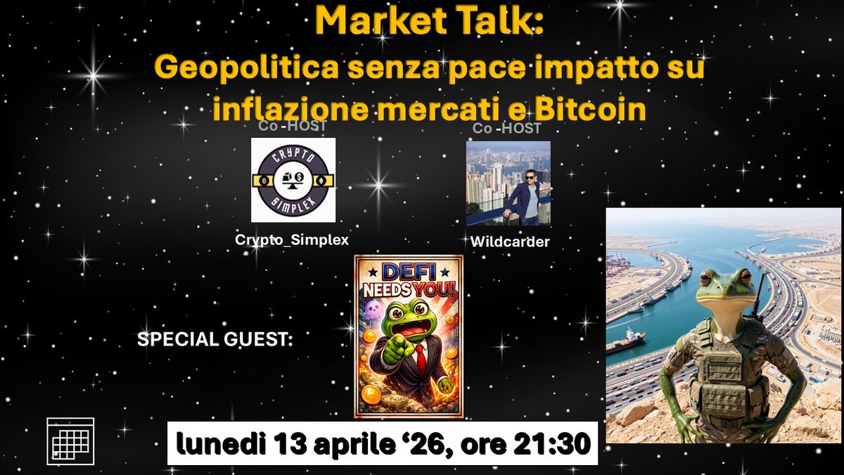 Crypto_Simplex's tweet photo. Saltano i negoziati di pace e il mercato inizia a prezzare un nuovo scenario globale.

🎙️ Space X LIVE con @thewildcarder 

Parliamo di:
• Hormuz e petrolio
• rischio inflazione 2.0
• mercati tradizionali
• scenari crypto

⏰ Lunedi ore 21:30
Attiva il reminder e porta le tue domande.