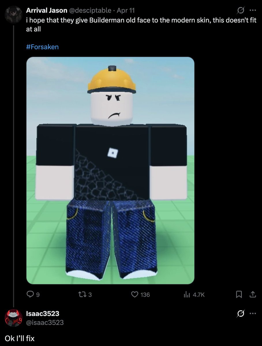 Forsaken_News's tweet image. 🚨News🚨

Modern Builderman will be getting an updated face!

#Forsaken #forsakenroblox