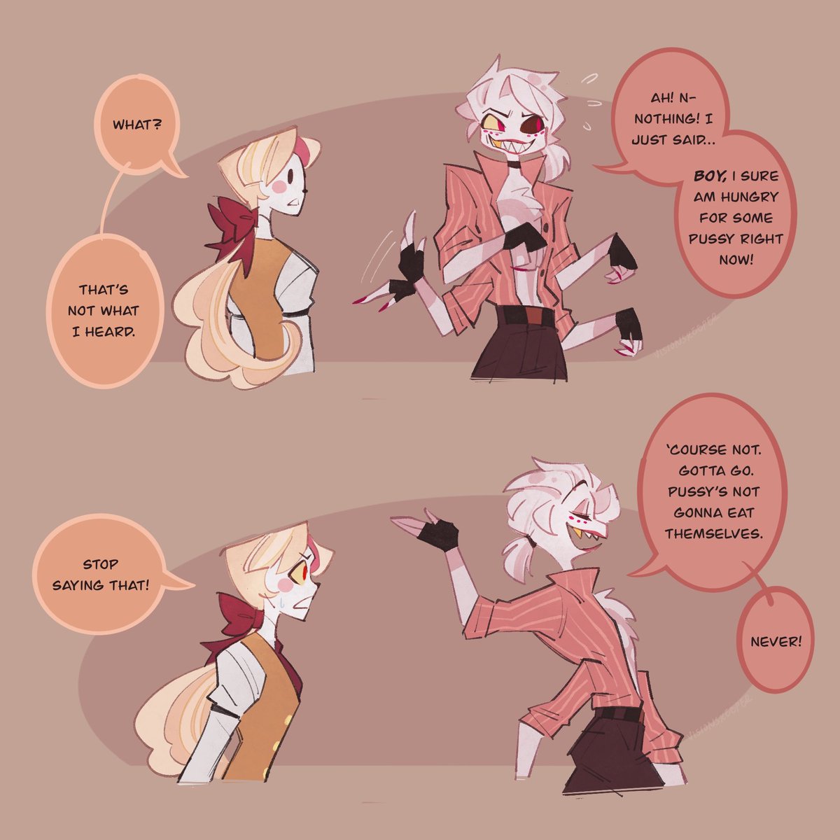 Day 5: Jealousy 
Cuddles are normal between them. Charles and Nelly are just seeing it for the first time 
#sapphicrdweek #radiodust #radiohusk