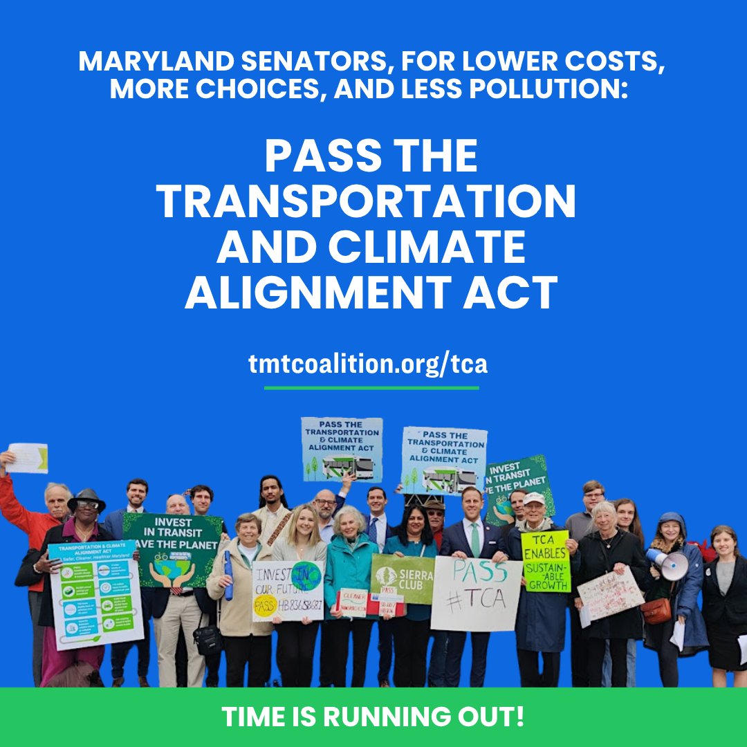 Maryland Senators, for lower costs, more transportation choices, and less pollution, pass the Transportation and Climate Alignment Act (HB 437/SB 59) before midnight on April 13th!

#TCA #environment #moretransitchoices #health #mdga2026